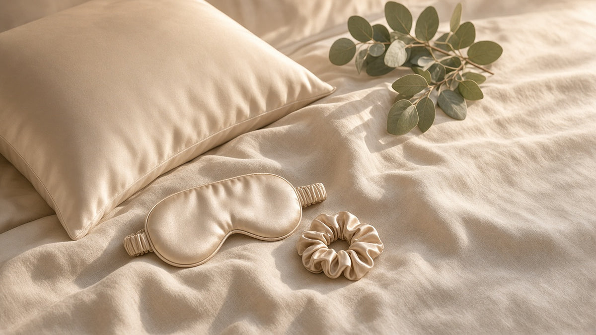 Pillowcase, satin eye mask and scrunchie on a linen bed