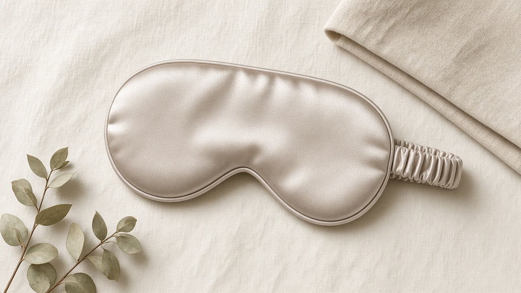Champagne satin eye mask with ruched strap on cream linen