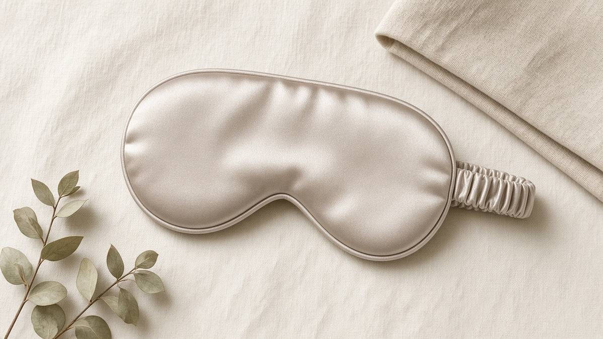 Champagne satin eye mask with ruched strap on cream linen