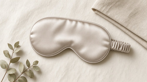 Champagne satin eye mask with ruched strap on cream linen