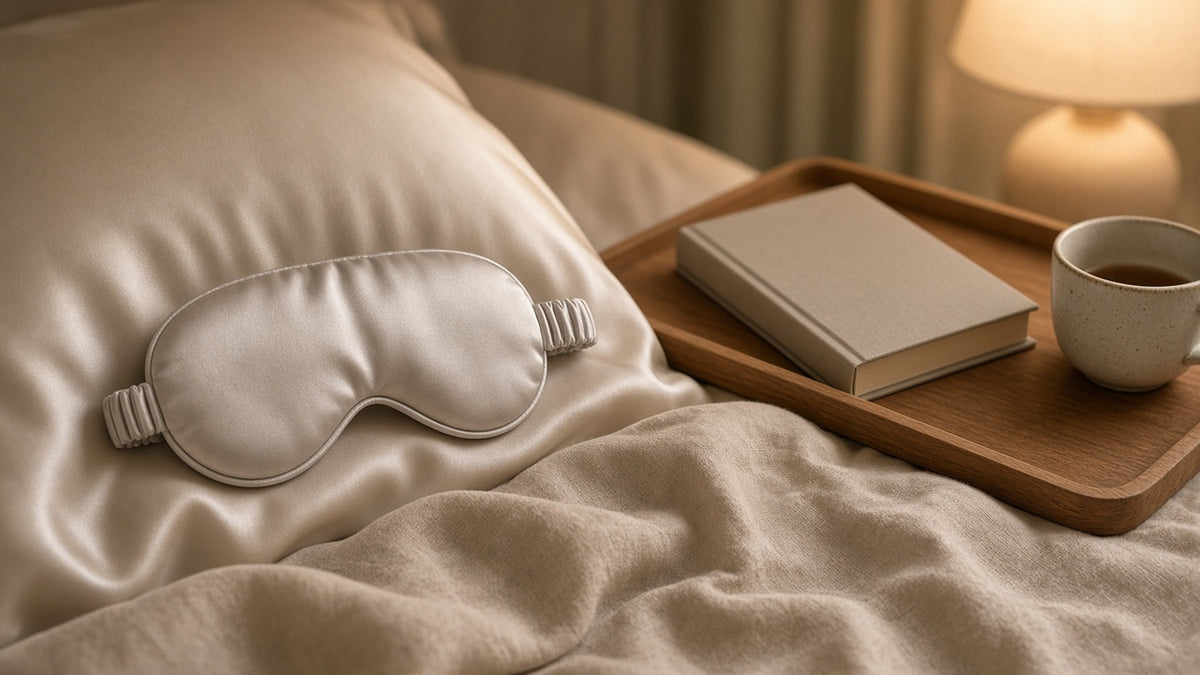 Champagne satin eye mask resting on a pillow at bedtime
