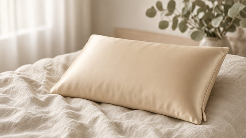Light champagne pillowcase on a pillow on a linen bed