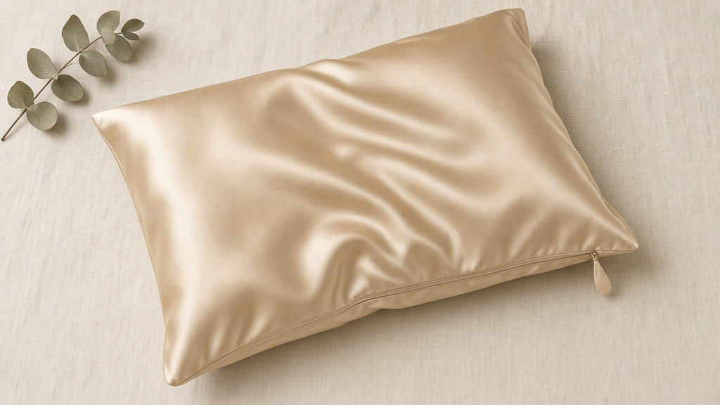 Light champagne pillowcase with hidden zip, flat on cream linen