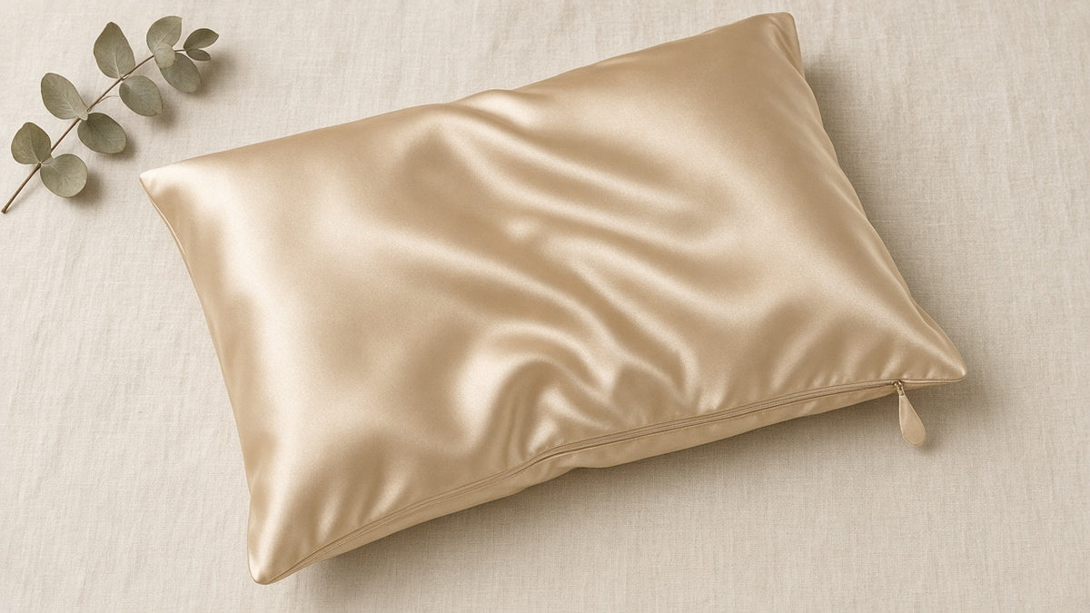 Light champagne pillowcase with hidden zip, flat on cream linen