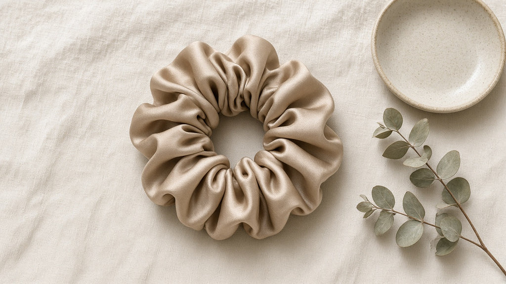 Beige scrunchie on cream linen with eucalyptus