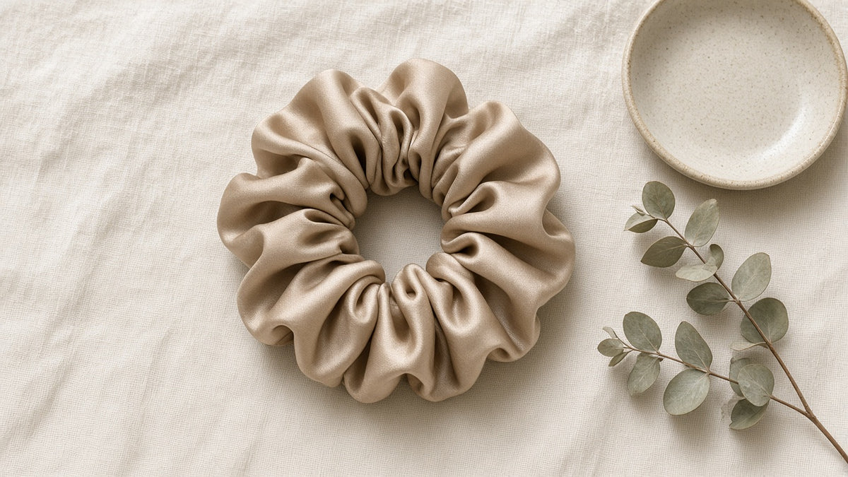 Beige scrunchie on cream linen with eucalyptus