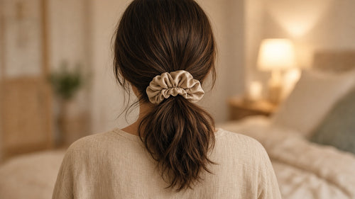 Beige scrunchie tied in a low ponytail