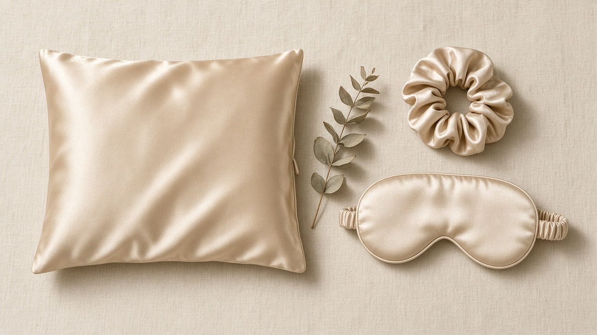 Light champagne pillowcase, beige scrunchie and champagne satin eye mask on linen